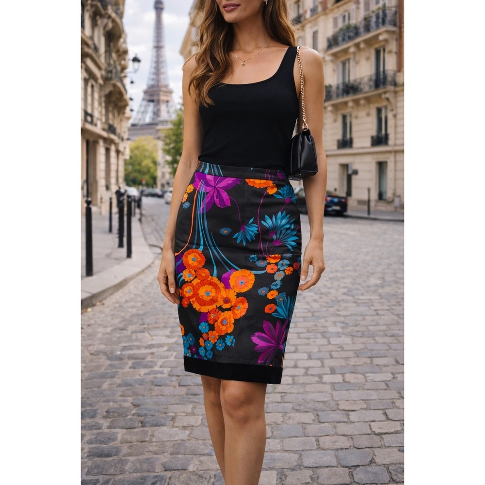Dolce&Gabbana Luxury Floral Print Satin Pencil Skirt With Velvet Trim Size 8